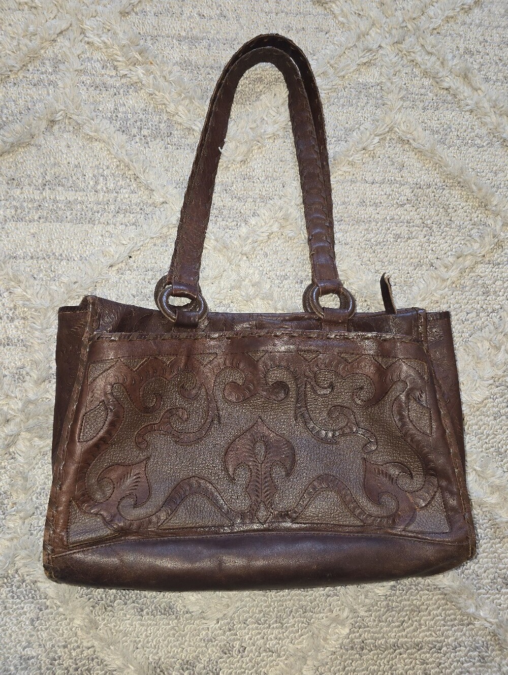 LL Leaders in Leather Made in Paraguay Hand Tooled Two Straps Shoulder Bag Brown